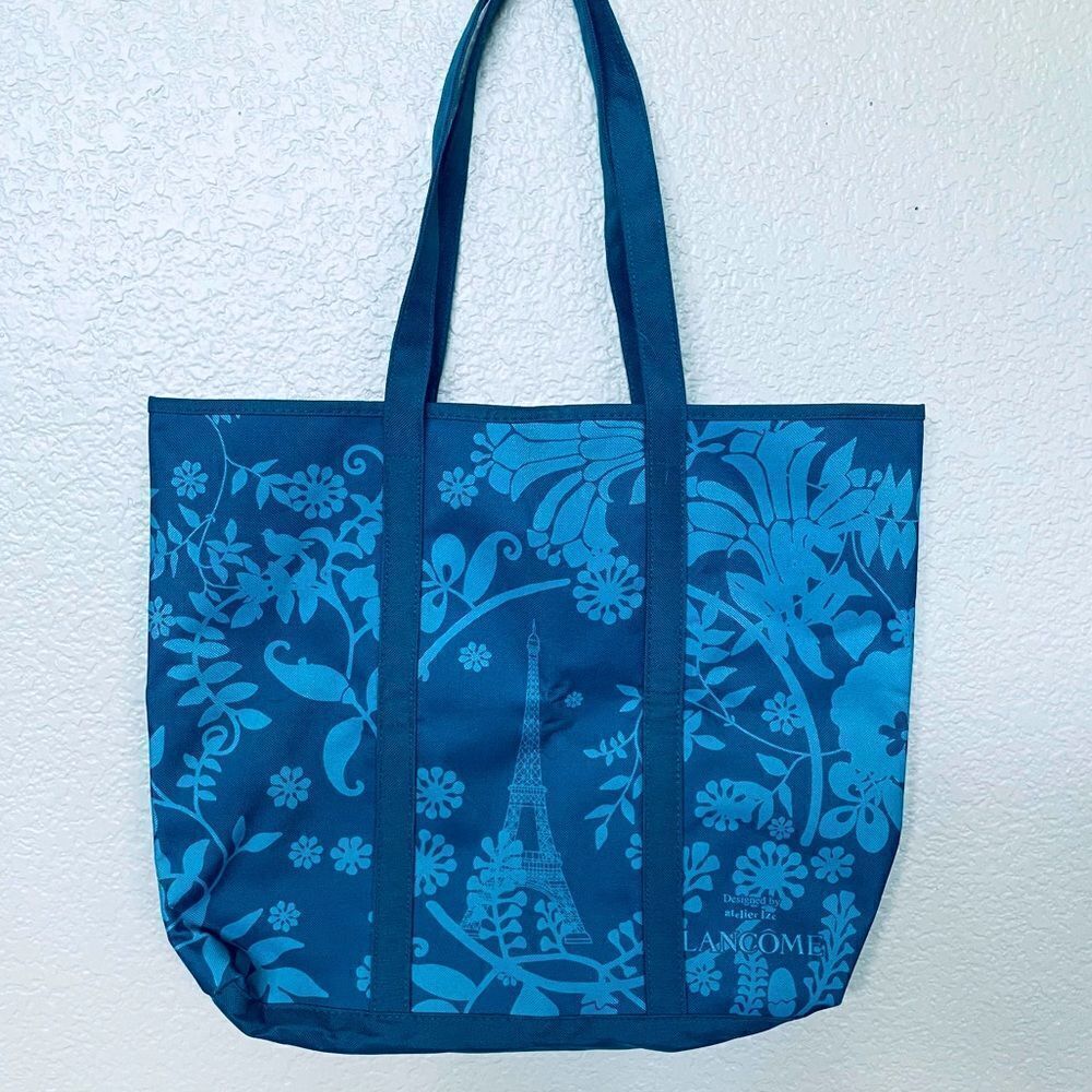 Lancome Blue Floral Eiffel Tower Canvas Tote Bag